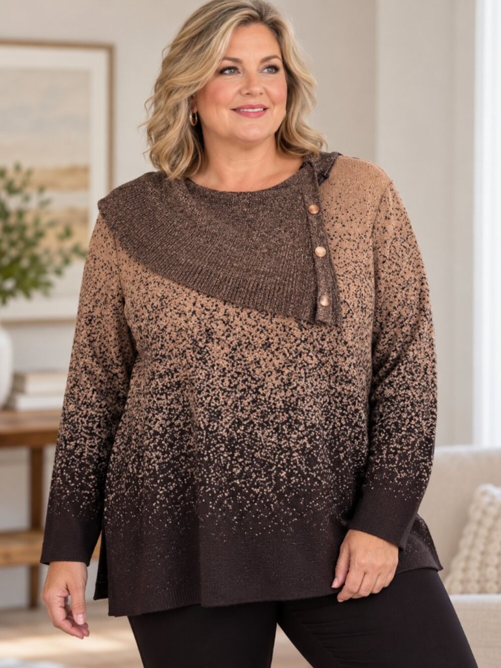 Adrienne Vittadini NWOT Women’s 2X Brown Ombre Asymmetric Draped Collar Sweater